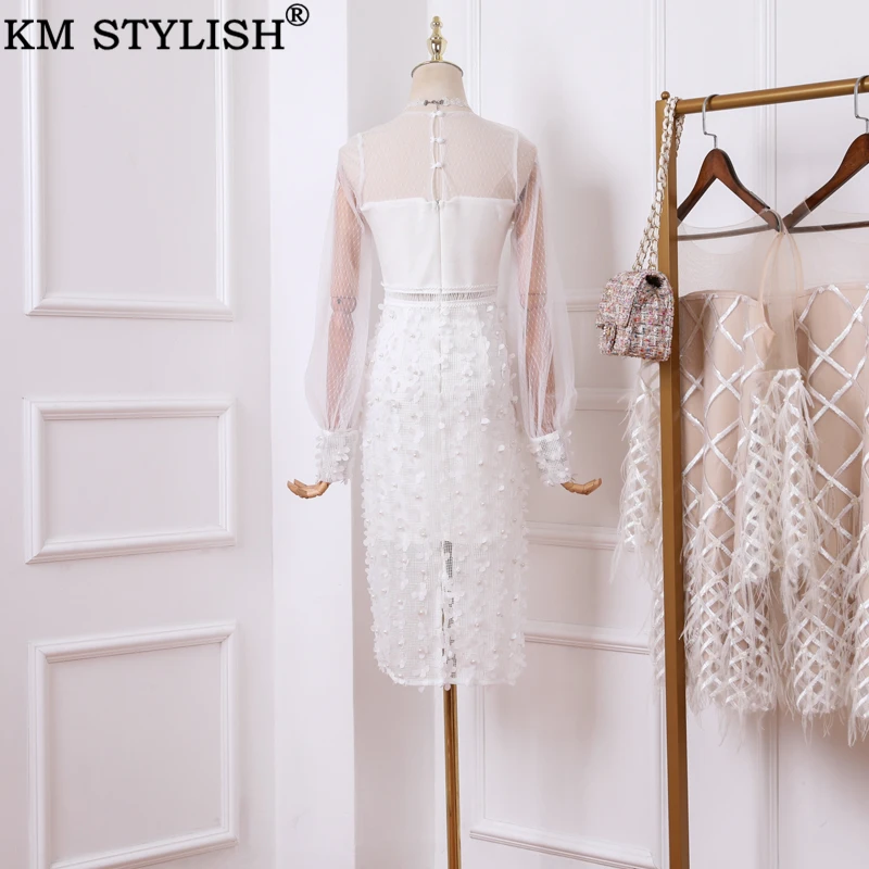 KM STYLISH White Women Party Full Dress Knitted Mesh New Applique Beaded Square Beading Waist Openwork Mid-Calf Split Long Dress