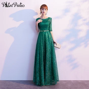 

Shiny Glitter Green Evening Dresses 2019 A-line Long Formal Gowns With Sleeves Plus Size Mother Of The Bride Dresses