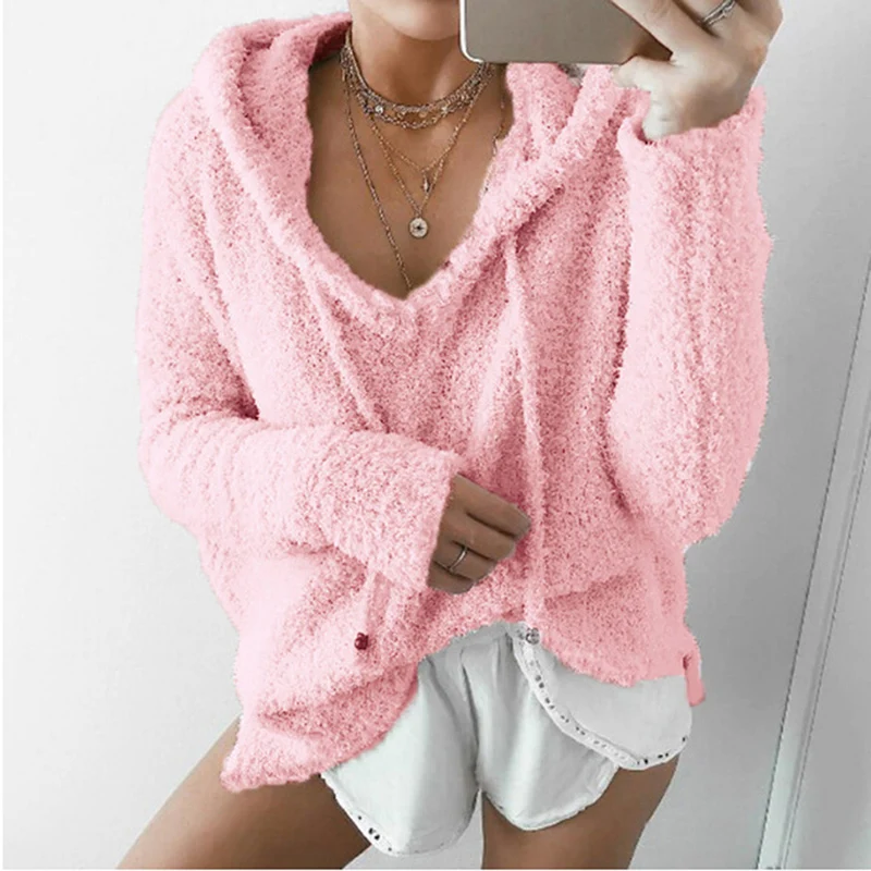 

2019 Autumn Top Women Casual Mohair Hooded Pullovers V Neck Fleece Sweater Fashion Sweet Loose Warm Winter Mohair Tops Pullover