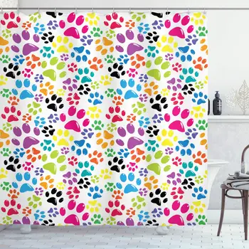 

Dog Shower Curtain Colorful Little Paws Steps Childish Artwork Cartoon Unusual Traces Design Bathroom Decor Set