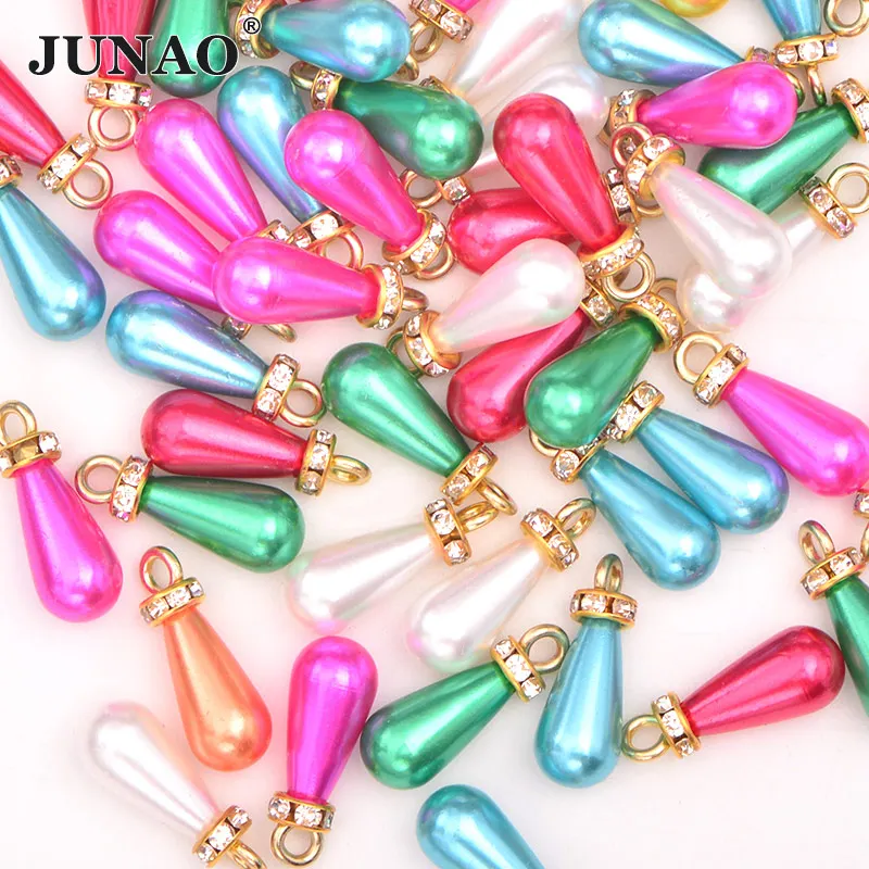 Random Mix Color JUNAO 20 штук 8*15 мм Белое жемчужное кулон на горном хрустале жемчудина в виде капли слез аппликации Скрапбукинг бусины для Цепочки и ожерелья ювелирных изделий - Цвет: Random Mix Color
