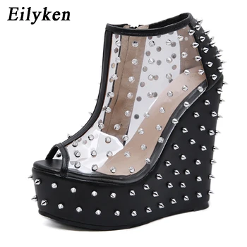 

Eilyken Fashion Women Sandals Platform Shoes Wedges Zipper Rivet Transparent PVC Ladies Sandals High Heels Black Peep Toe Shoes