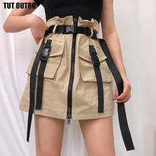 Осенняя Harajuku пластиковая пряжка большой карман мини-юбка на молнии женская уличная Высокая талия хаки юбка с поясом