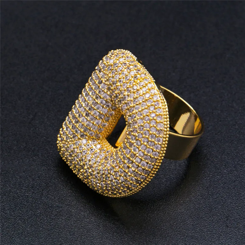 gold color D OMYFUN Hip-Hop Bling Ring A-Z Bubble Full CZ Iced Letter Rings Gold Silver Color Anillo Anel Male Accessory Bijoux Free Shipping - Цвет основного камня: gold color D