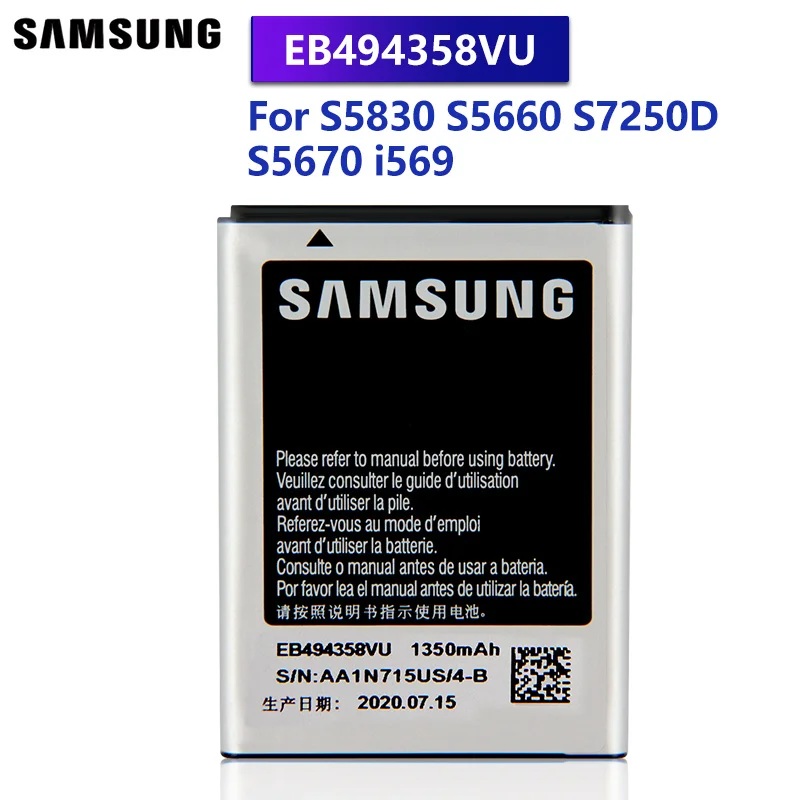 Оригинальный запасной аккумулятор Samsung EB494358VU для Galaxy Ace S5670 i569 I579 GT S6102 S6818 S5830 S5660