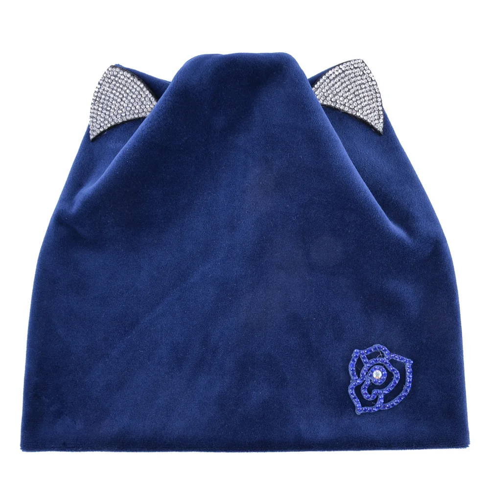 Winter Women's Hot Drilling Hedging Cap Fashion Wild Solid Color Beanie Hat Outdoor Warm Windproof Cap Cat Ear Hat Soft Beanie