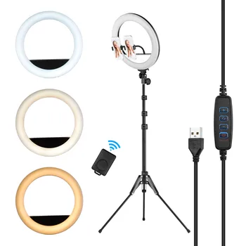 

14inch/36cm Video LED Ring Light 13W 3000-6500K Color Temperature CRI90 Aluminum Alloy Tripod Dual Phone Holders Remote Shutter