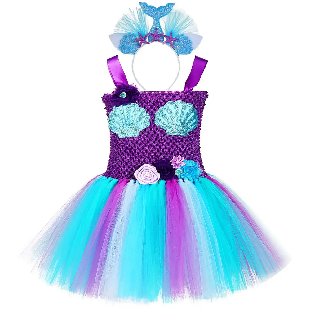 Фиолетовые Вечерние платья Русалочки для детей; костюмы на Хэллоуин; платья принцессы для девочек; детские маскарадные костюмы с повязкой на голову