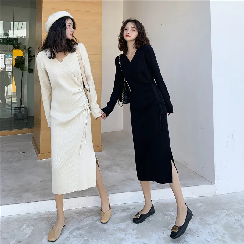 2022 autumn and winter new robe femme Korea v-neck was thin side swing drawstring split knit dress long sleeve retro vestidos