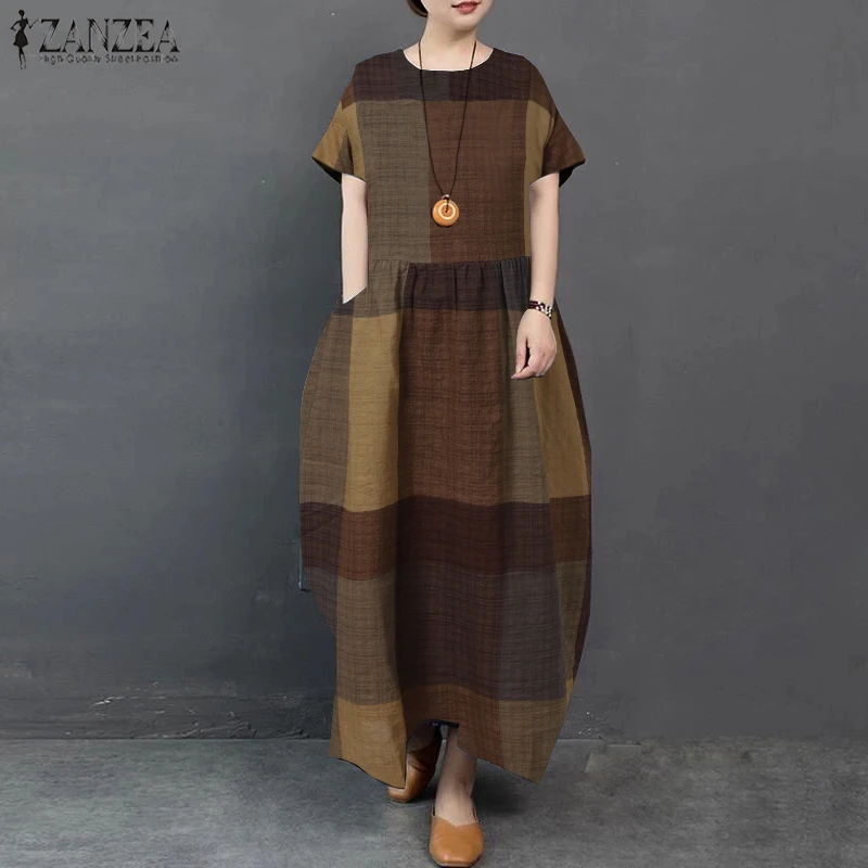 Women Short Sleeve Maxi Long Dress Summer Plaid Checked Sundress 2020 ZANZEA Robe Party Baggy Femme Plus Size Kaftan Vestidos