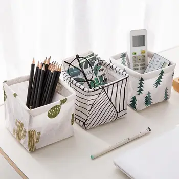 

Mini Desktop Storage Basket Desk Stationery Storage Box Remote Control Container Cotton Linen Makeup Brush Organizer