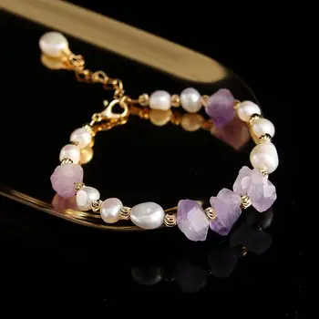 

TB-24 Freshwater Pearl Bracelet for Women Natural Amethyst Bracelet Party White Pearl Stone Beads Bracelets Fine Jewelry