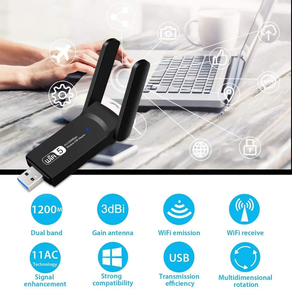 lan to mobile adapter JCKEL 1200Mbps USB Wifi 5.8GHz 2.4GHz USB Thu Wifi Card Mạng Không Dây Usb Wifi Tốc Độ Cao ăng Ten Wifi Thụ Thể lan to mobile adapter