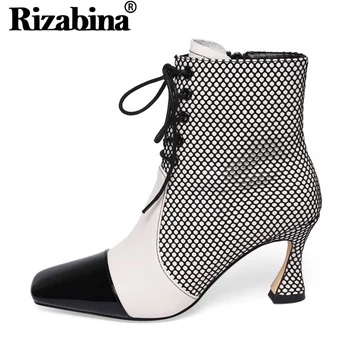 

RIZABINA Genuine Leather Women Short Boots Winter Lacing Ankle Boots For Women Shoes Mixed Color Ladies Footwear Size 34-39