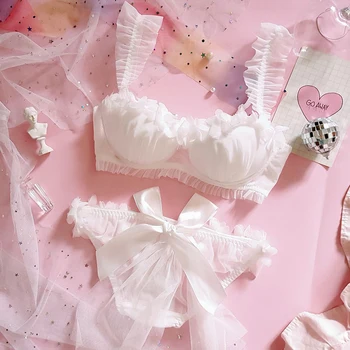 

Young Girl Japanese Lolita Flower wedding Bride Petal Lace Bra & Brief Sets Women's Ruffle Push Up Underwire Underwear Set