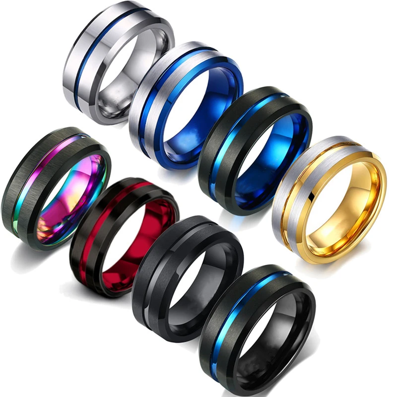 FDLK Fashion 8MM Men's Stainless Steel Rings Colorful Groove Beveled ...