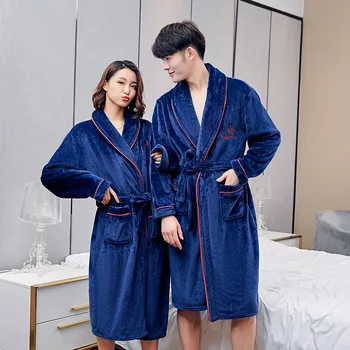 

Couple Navy Blue Long Coral Velvet Bathroom Bathrobe 2020 Flannel Nightgown With Belt Sleepwear Nightwear Casual Home Clothing