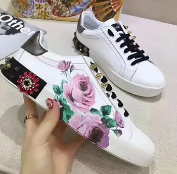 

Women Genuine Leather Flowers Printed Sneakers Platform zapatos de mujer Brand Chains chaussures femme Ladies Rhinestones Shoes