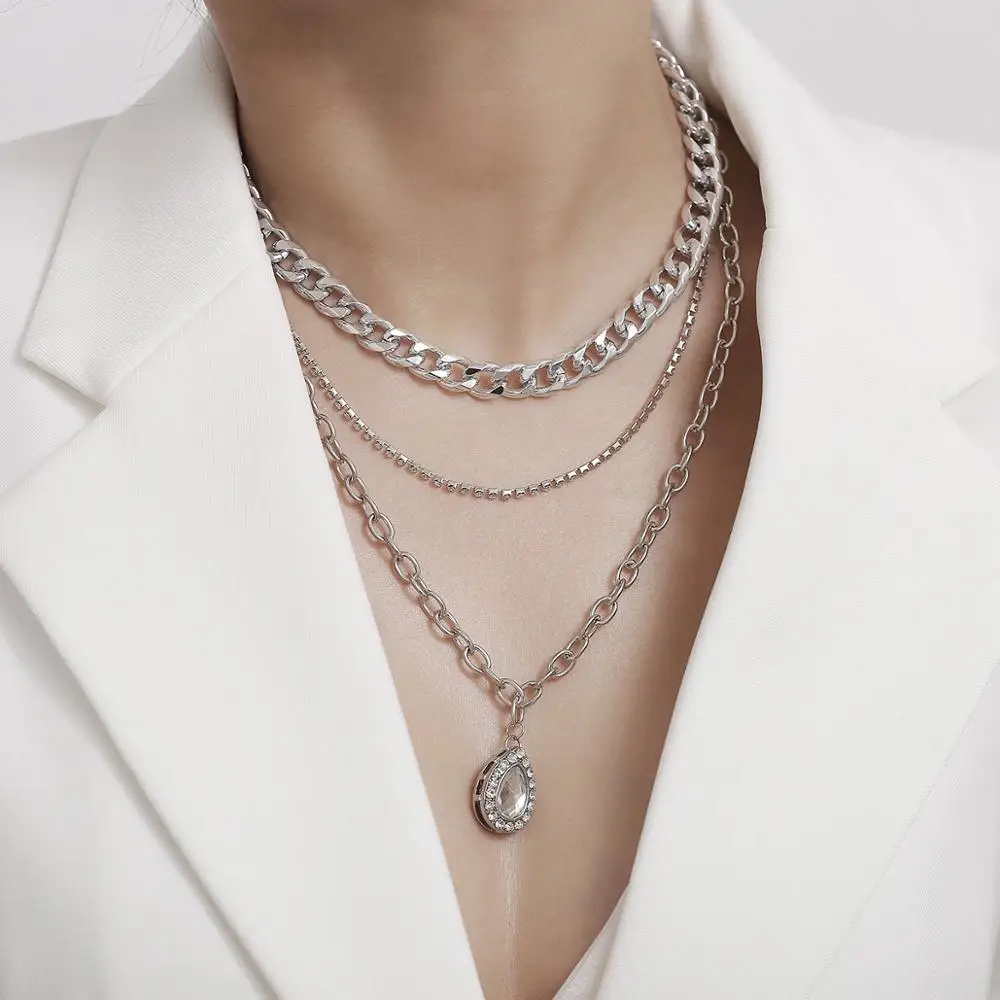 

KMVEXO Fashion Multilayer Silver Gold Chain Crystal Necklace Couple Hip Hop Punk Water Drop Pendant Necklaces for Women Men
