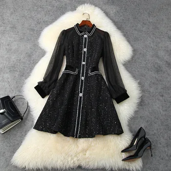 

European and American women's wear 2020 winter new style Long sleeve lapels are joined with bright silk Fashionable slim dress