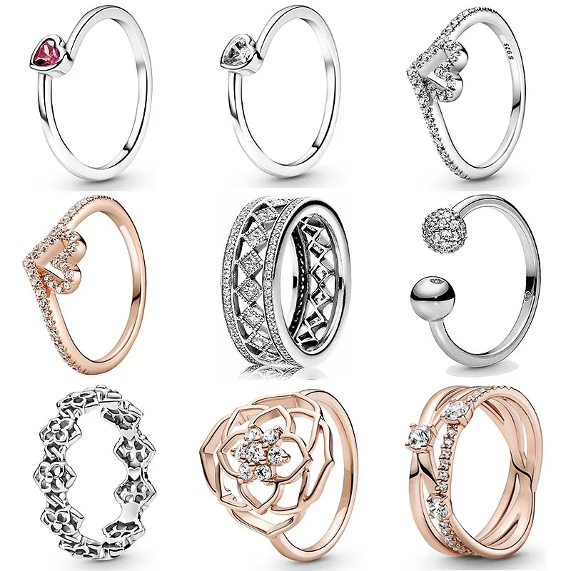 New 925 Sterling Silver Ring Rose Openwork Petals Statement Tilted Heart Solitaire Wishbone For Women pandora Jewelry | Украшения и