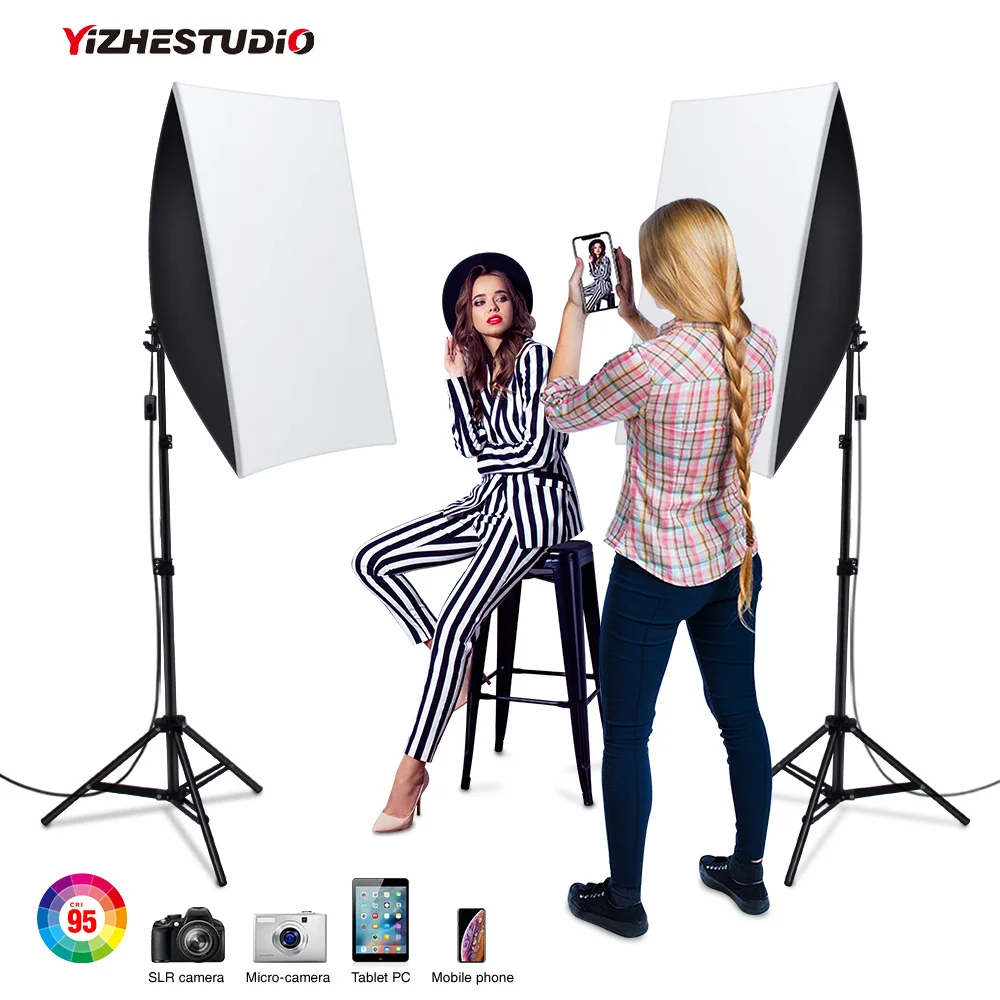 

Yizhestudio Studio kits 50x70CM Lighting Softbox with E27 2*58W Lamp Holder ,2M light Stand Photo Studio Soft Box Kit