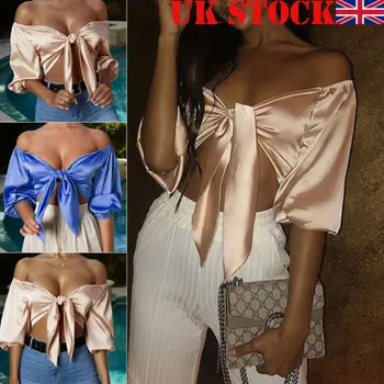 

UK Womens Ladies Satin Silk Tie Up Knot Flared Sleeved Cropped Top Plunge Shirt