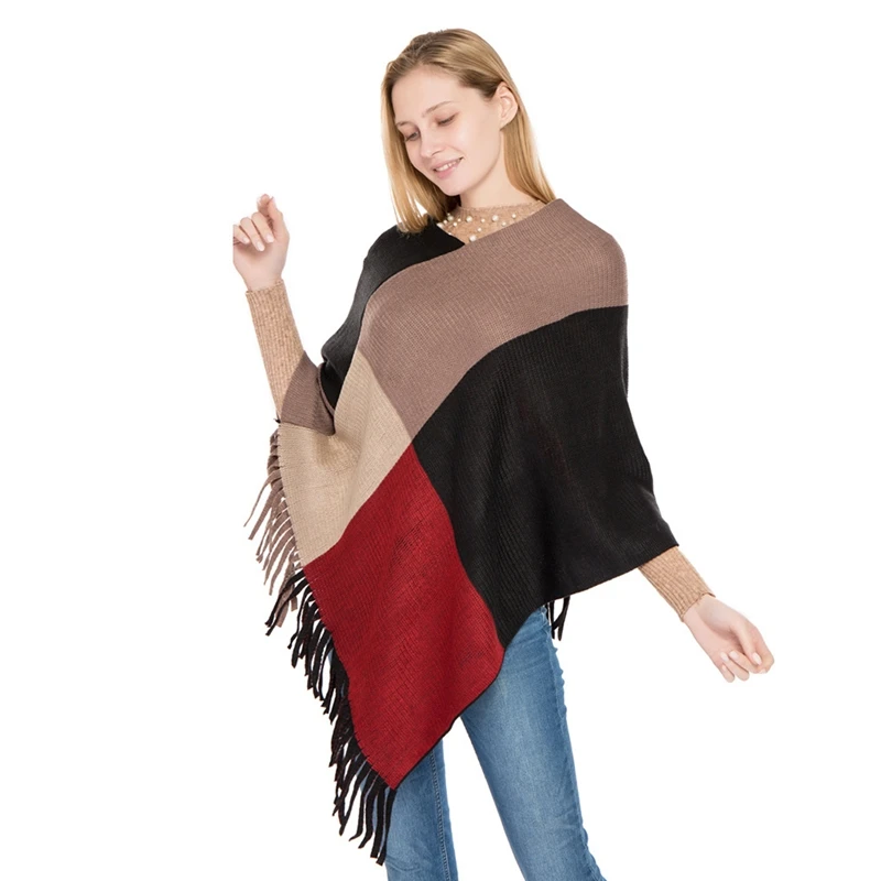

Large Square Pattern Color Matching Knit Warm Shawl Autumn And Winter Tassel Decoration Head Cloak Scarve 2019