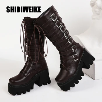 

Winter Gothic Punk Womens Platform Boots Black Buckle Strap Lace Up Square heel Shoes Mid Calf Military Combat Boots V357