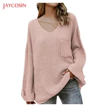 Joycosin зимний Повседневный вязаный женский свитер, модный Свободный длинный рукав, v-образный вырез, сексуальный Однотонный пуловер, свитер с карманами, топы, теплые