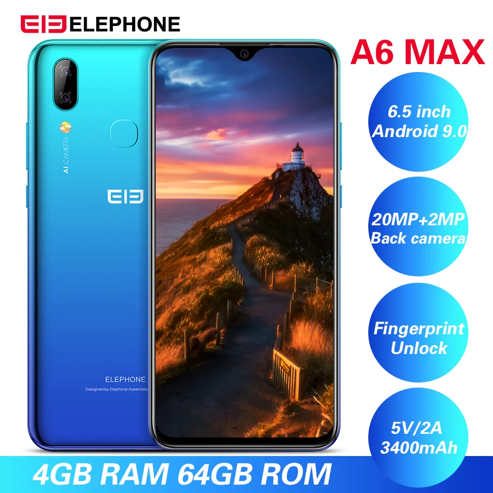 Elephone A6 MAX 6 53 ''Android 9 0 4 Гб 64 MT6762V 4G смартфон ядра 20MP отпечатков пальцев 5 V/2A Тип C