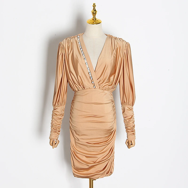 TWOTWINSTYLE, Сексуальное Лоскутное Платье с бриллиантами, женское платье с v-образным вырезом и рукавом-фонариком, высокая талия, с рюшами, Женская мода, новая одежда - Цвет: yellow