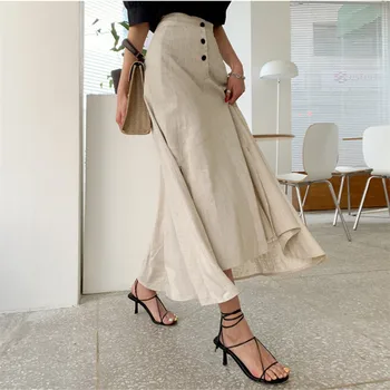 

High Waist Skirts Womens 2020 New Summer OL Elegant Vintage Stylish Solid Cotton Linen A-Line Irregular Split Long Skirt