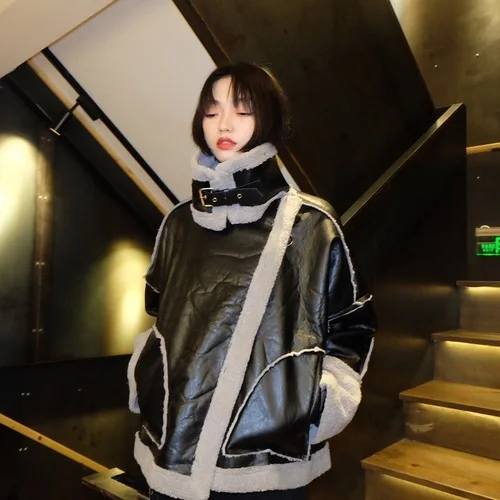 

2019 Winter Faux Leather Jacket MotorBike Punk Chic Coats Warm Windproof Heavy Donwcoat