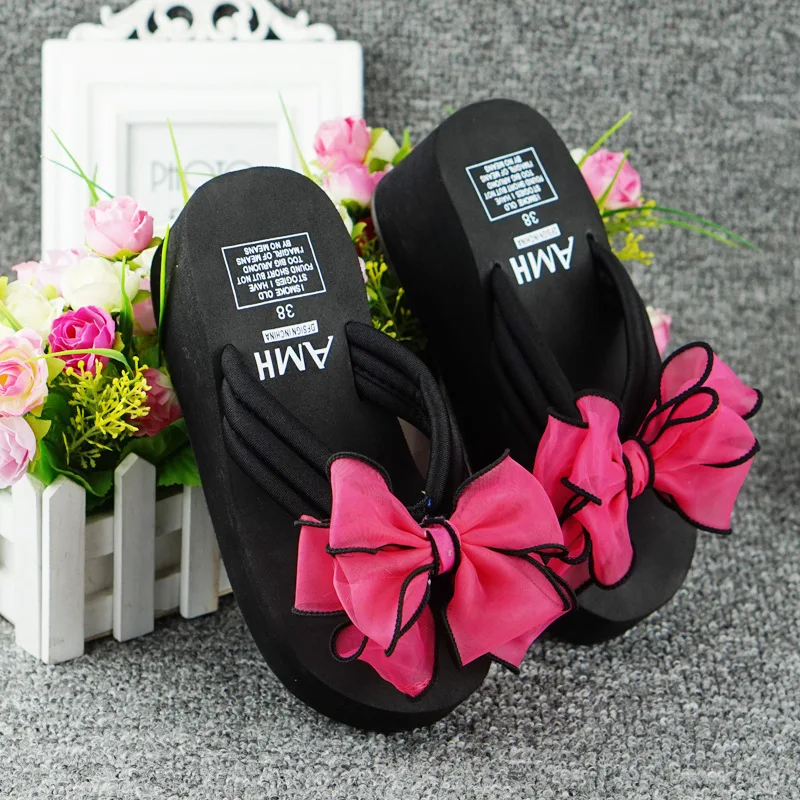 

New Style Flip-flop Bow Flip-flops Women's Summer Fashion Korean-style Outer Wear Sandals High-Heel Anti-slip Thick Bottomed San