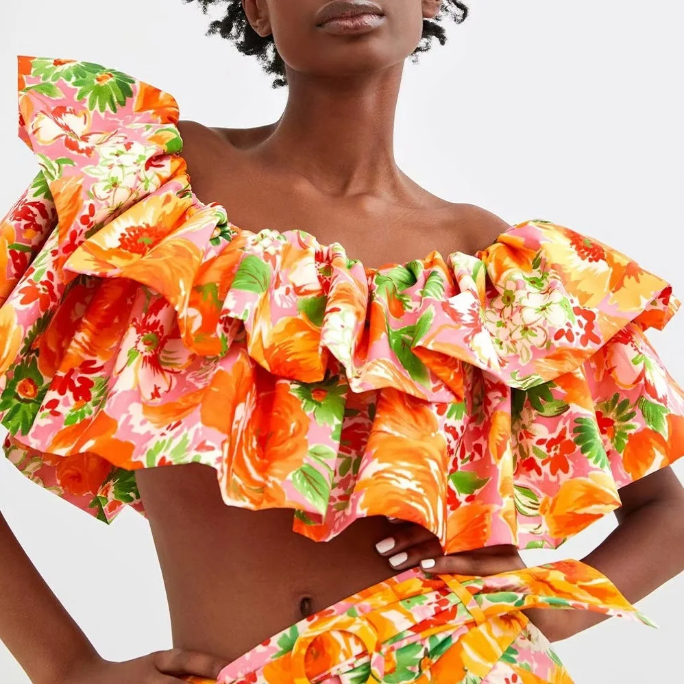 

Ladies Mini Printed Blouse Summer Slash-neck With Ruffle Puff Sleeve Lumbar Beach Style Casual Blouses For Girls