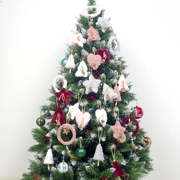 

Creative Plush Christmas Tree Hanging Pendant Pink White Heart Star Feather Ornament Christmas Decoration for Home Xmas