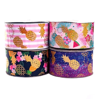 

New 75mm 3" 10yards gold foil pineapple pattern with grosgrain ribbon thermal transfer printed