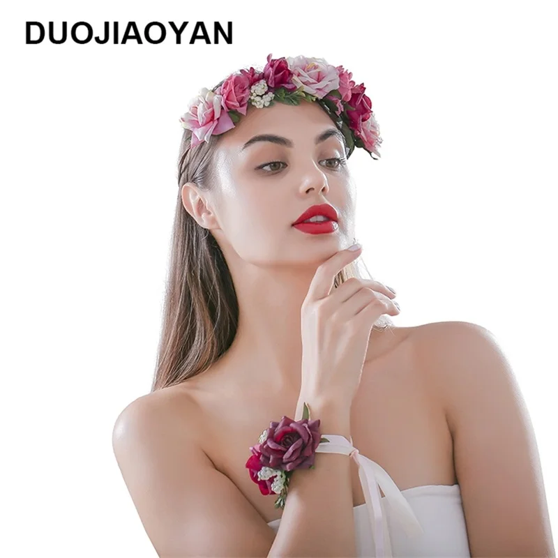 DUOJIAOYAN повязка для волос Цветочная повязка на голову гирлянда для девочек свадебные подружки невесты для женщин Цветочный Венок Корона цветок на запястье набор