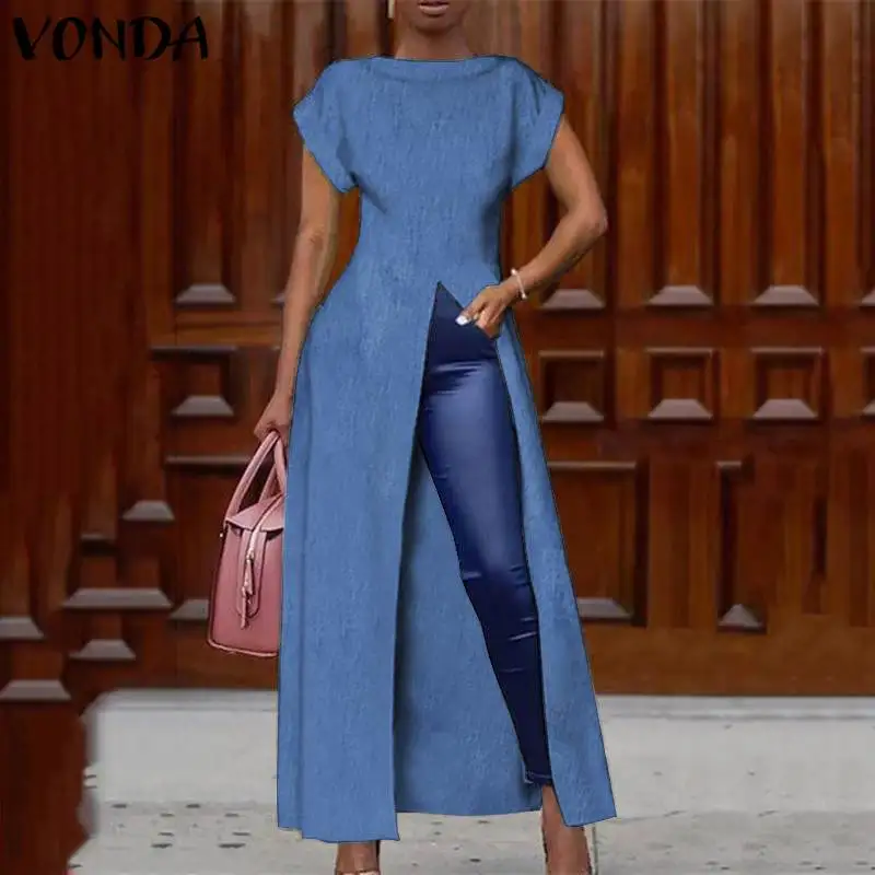 Elegant Denim Shirts Tunic Women Blouse High Split Party Tops 2021