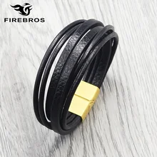 FIREBROS золотой серебряный черный браслет из нержавеющей стали с магнитной пряжкой, многослойный браслет из натуральной кожи, мужской браслет в стиле хип-хоп, ювелирное изделие, подарок