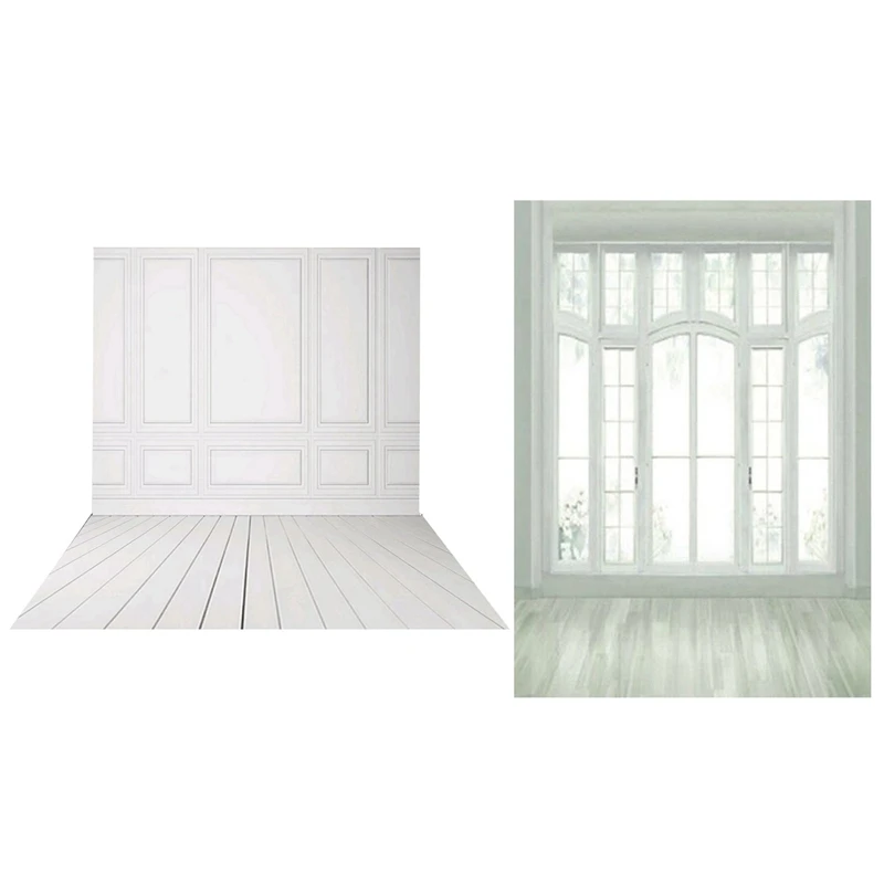 2Pcs 3X5ft Vinyl Photography Backdrops Wedding Background For Photo Studio - White Brick Wall Wood Floor &amp European Window |