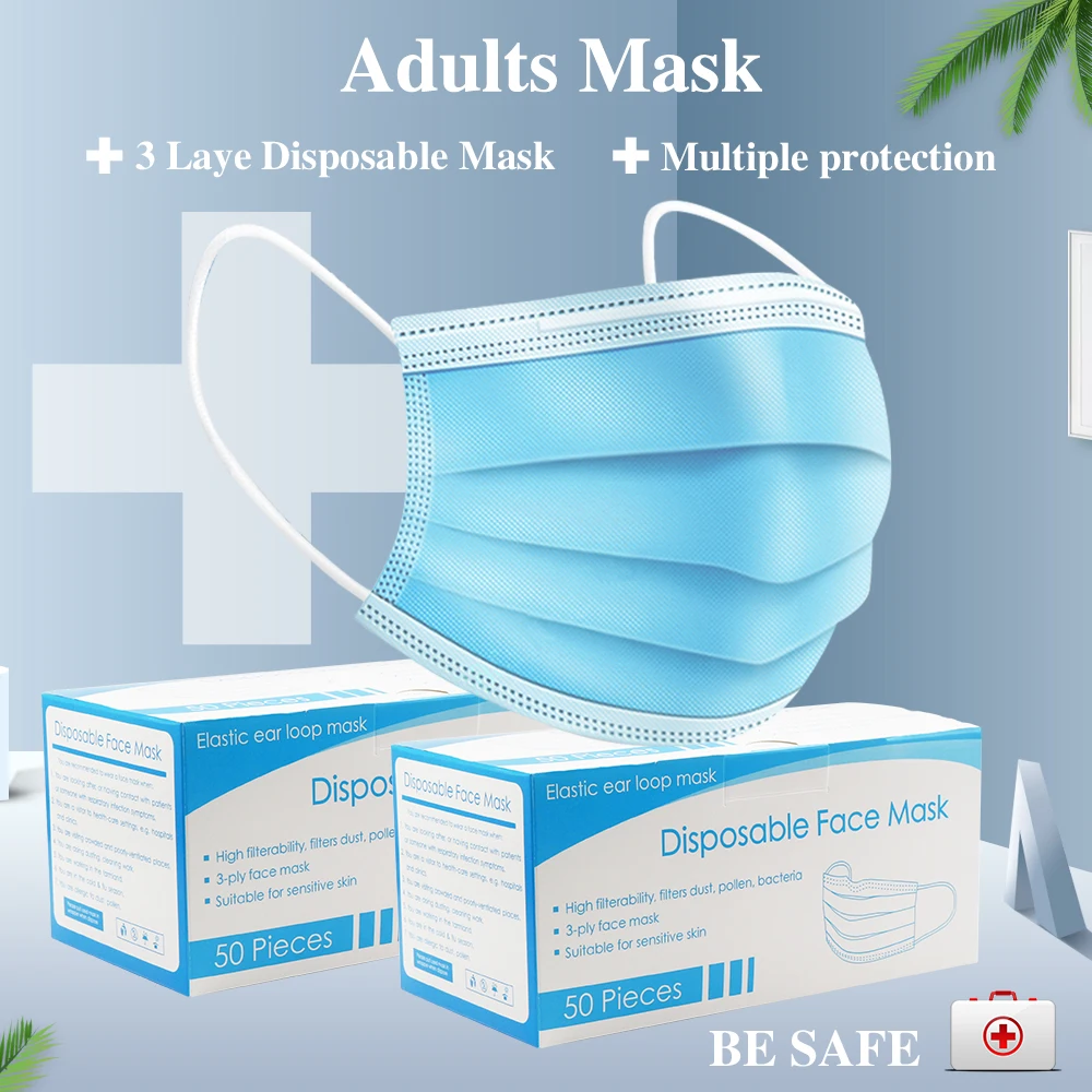 

Fast 1day 50pcs/lot Disposable Mask Virus Nonwove 3 Layer Filter Mouth Face Mask Dust Meltblown Mouth Masks Anti-dust virus Safe