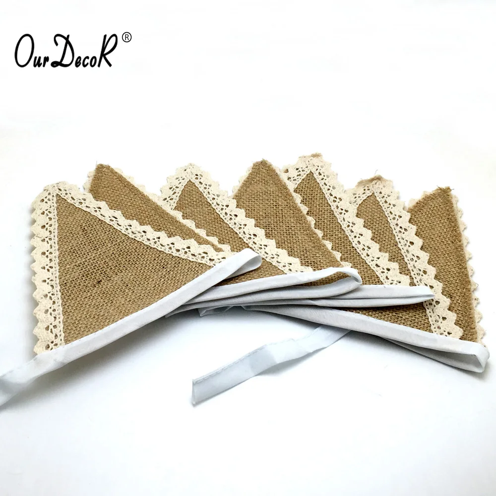

10Pieces/lot 1.6M 8 flags Wedding Vintage Banner Home Decor Hessian Fabric Bunting Burlap Cord Jute Rope Photobooth Lace Flag