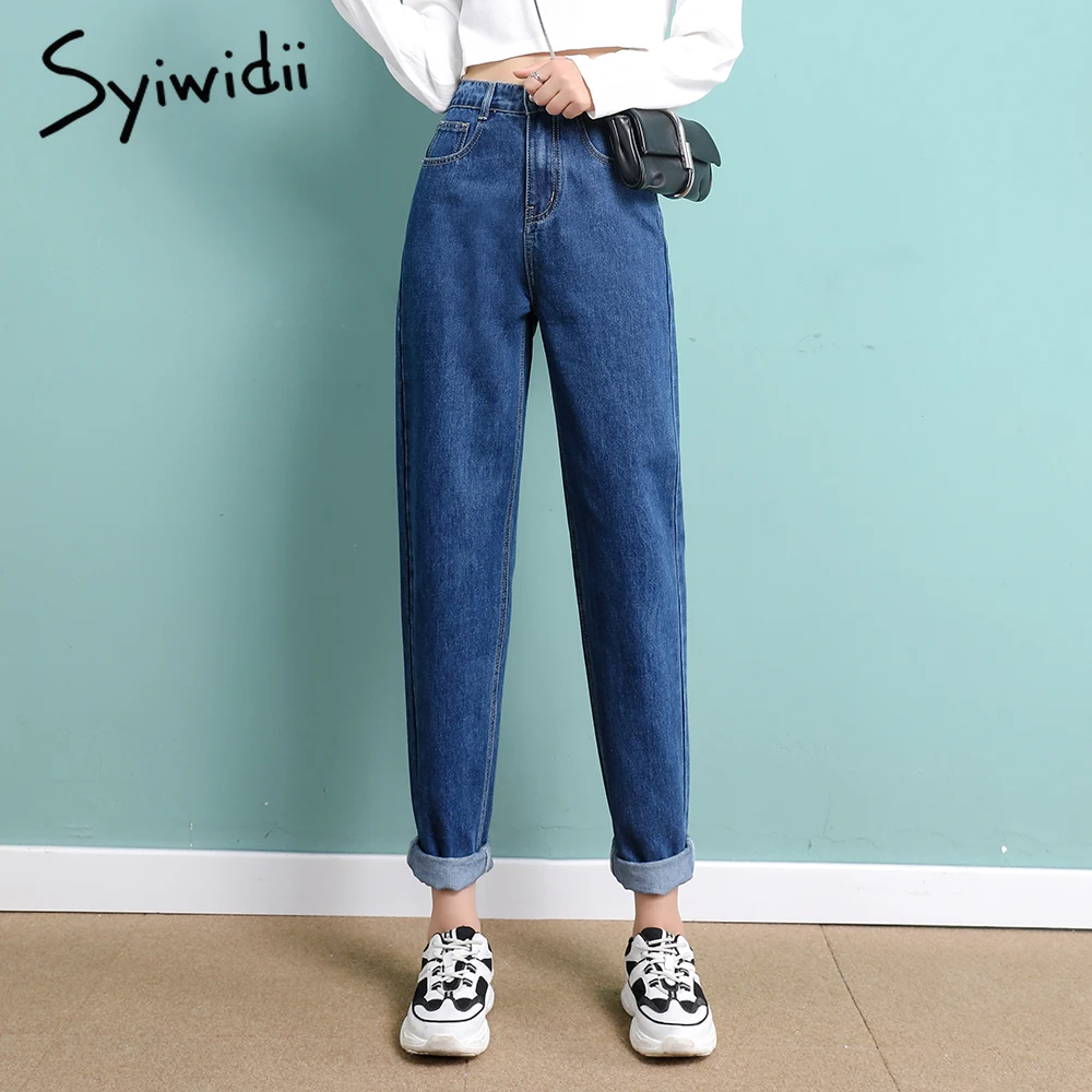 Blue Jeans Denim Pants Fashion Clothes Elastic-Waist Vintage Syiwidii Black Straight