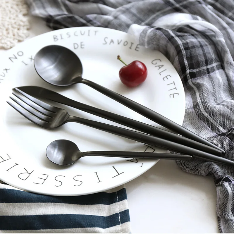 Матовый черный стальной набор столовых приборов столовая Посуда Вилка десертная ложка кухонный набор ножей японские палочки для еды Западный набор посуды