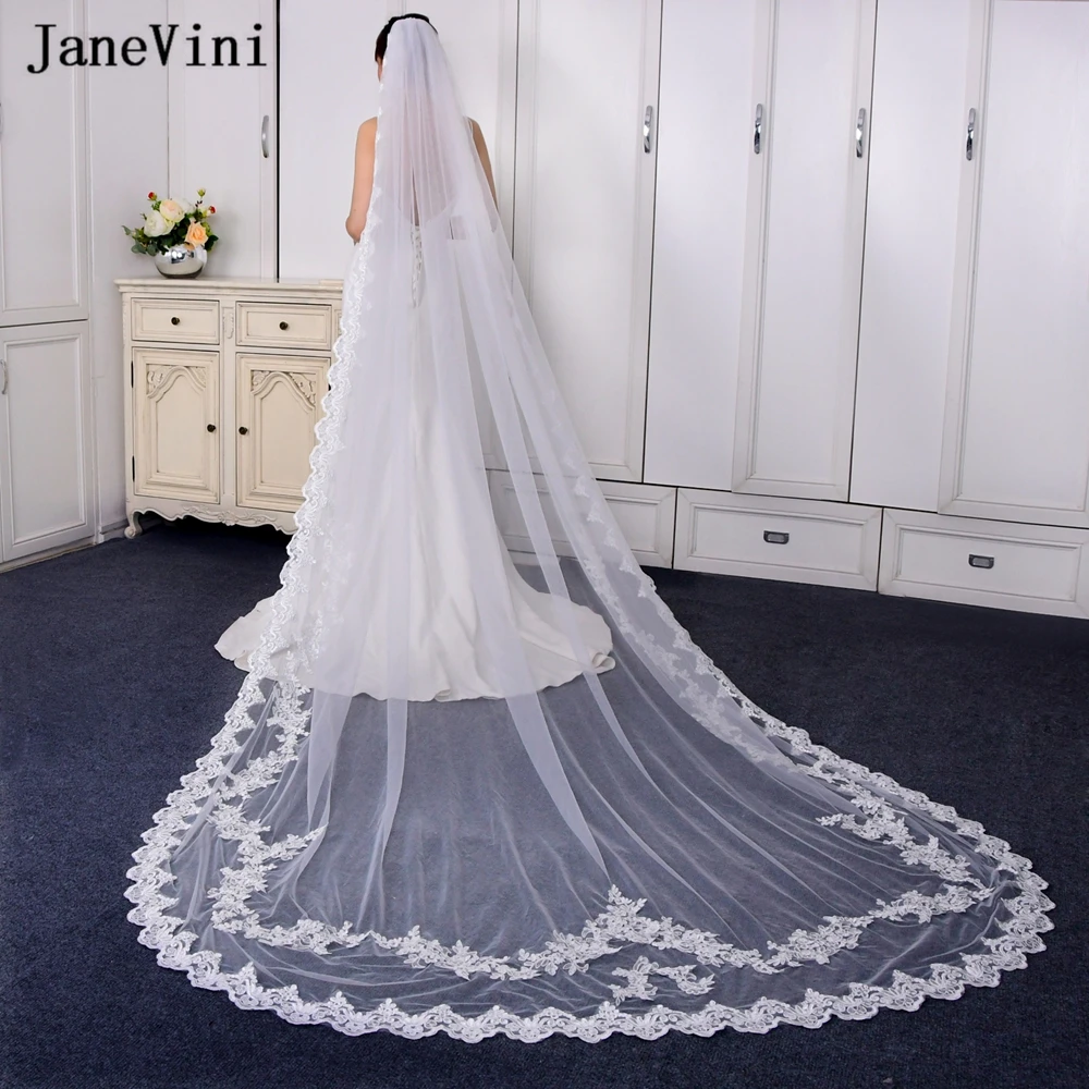 Janes Dress Studio Long Lace Wedding Veil 3 Meters Long Cathedral Bridal Veil with Hair Comb