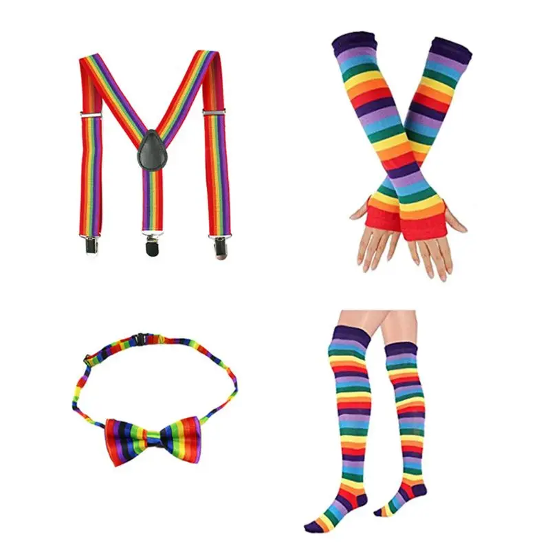 Костюм радуги для взрослых и детей; комплект с бантиком и подтяжками; Гольфы без пальцев; длинные перчатки; браслеты; вечерние носки в стиле