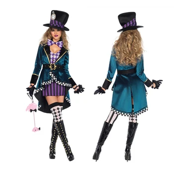 

Halloween Alice In Wonderland Mad Hatter Women Queen Cosplay Costume Carnival Party Anime Magican Myterious Fancy Plaid Dress