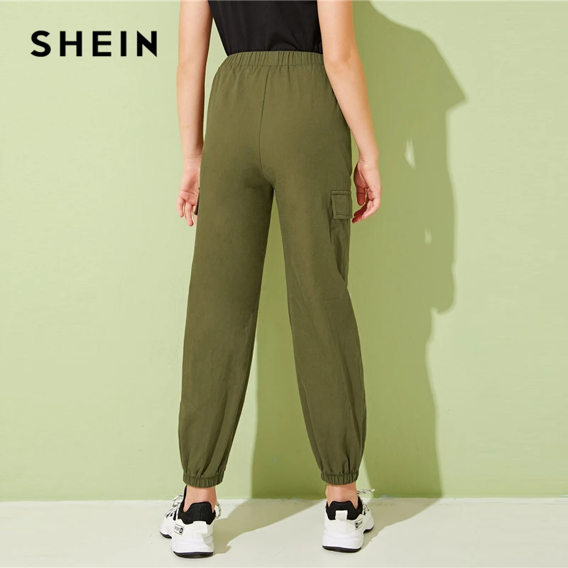SHEIN Kiddie Solid Pocket Patched Girls Casual Cargo Pants Teenagers Bottoms 2019 Autumn Elastic Waist Long Trousers For Chldren